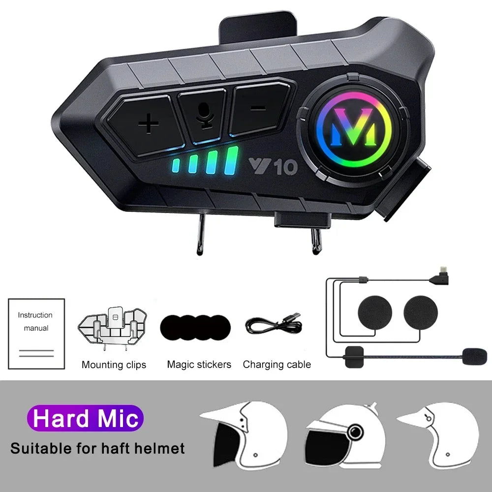 Y10 Motorcycle Bluetooth 5.3 Helmet Headset with Colorful Lights Waterproof Wireless Earphone Hands-Free Headset Waterproof